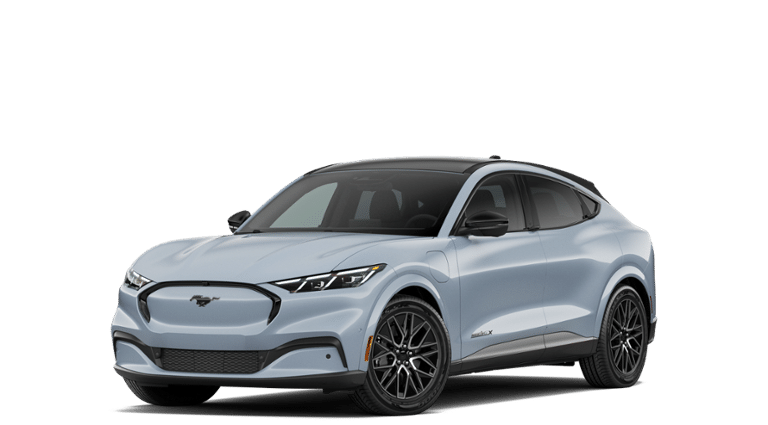 2026 Ford Mustang Mach-E Premium in Glacier Gray Metallic Tri-Coat — front three-quarter view