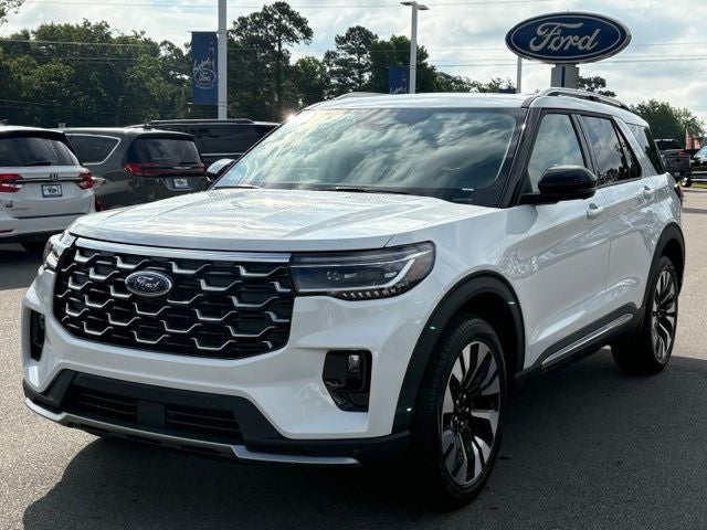 2026 Ford Explorer Platinum in Star White Metallic Tri-Coat — front three-quarter view